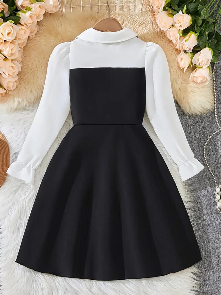 Mädchen Schwarz-Weiß Colorblock Langarm Schulkleid mit Hemdkragen - Preppy Stil für Frühling & Herbst
