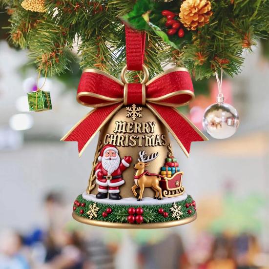 Christmas Ornaments Double-Sided Acrylic Santa Claus Bell Hanging Decor for Tree Home Store Festive Holiday Party Decoration