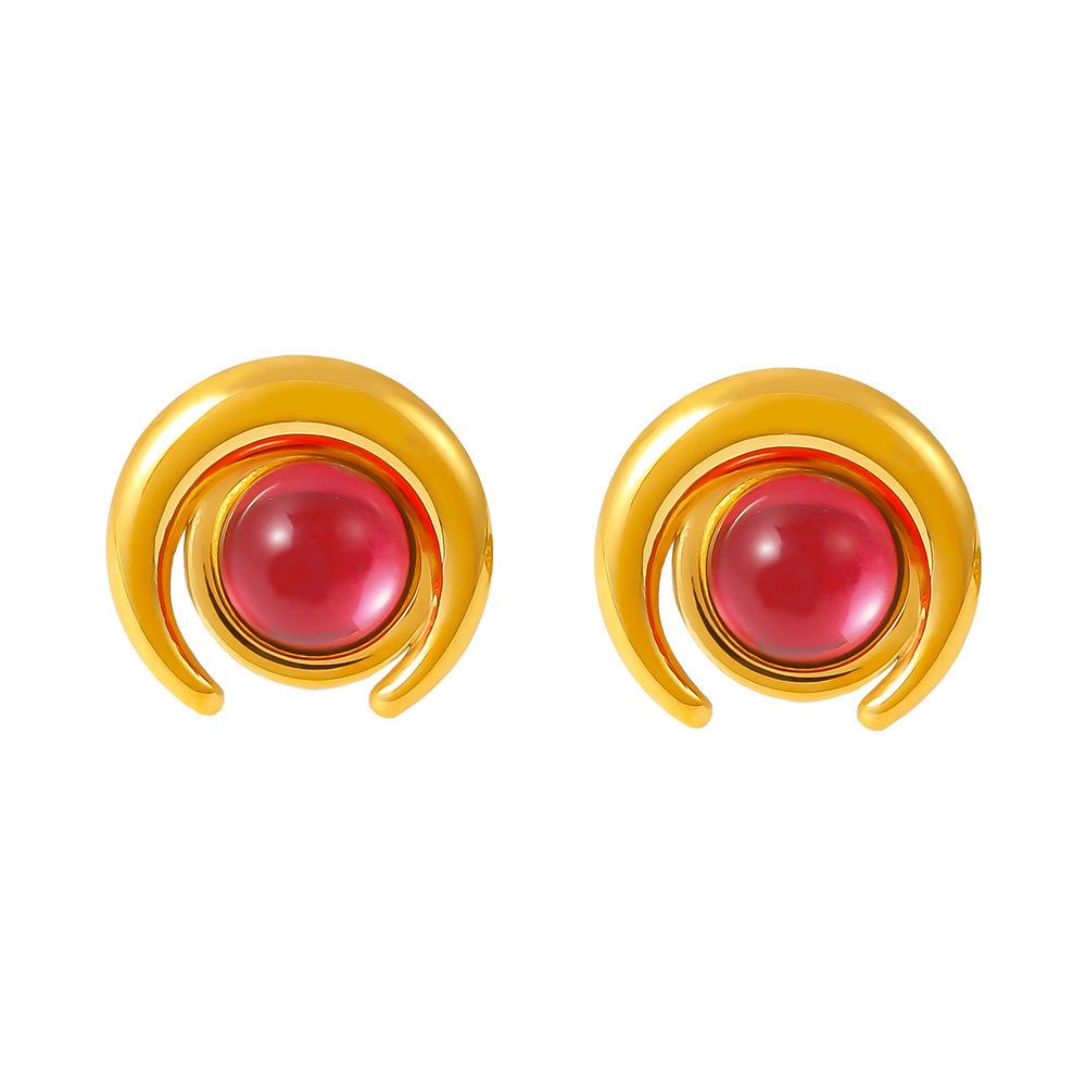 Half-Moon Glass Stone 18K Gold-Plated Stainless Steel Stud Earrings