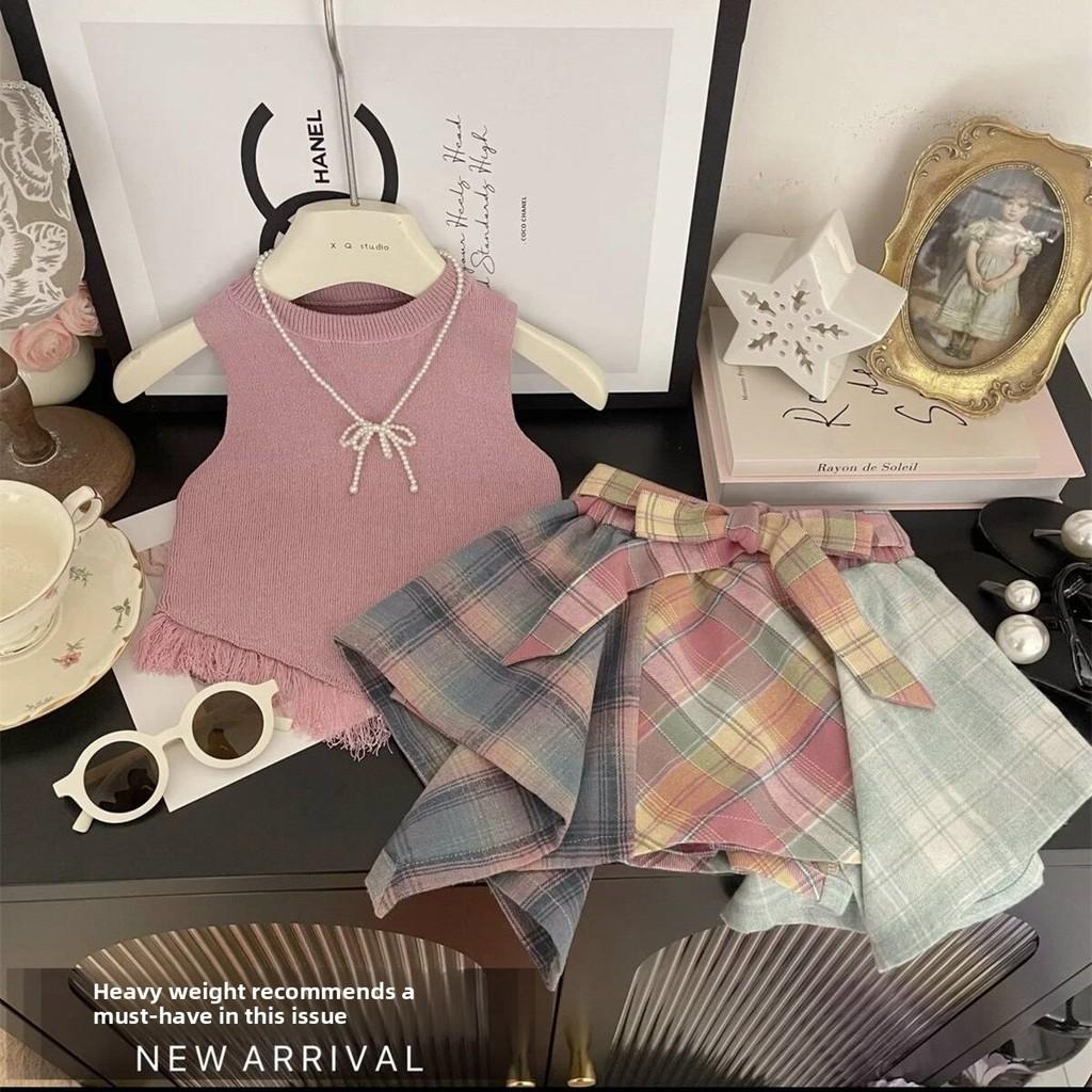 Summer Girls Sweet Two Piece Set With Tassel Vest And Playful Checkered Skir
