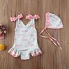 Sommer-Badebekleidung für Babys, Mädchen, ärmellos, mit Schleife, niedlicher Tierdruck, rückenfrei, einteiliger Badeanzug + Rüschenmütze, Kinder, 2-teilig, Strandmode