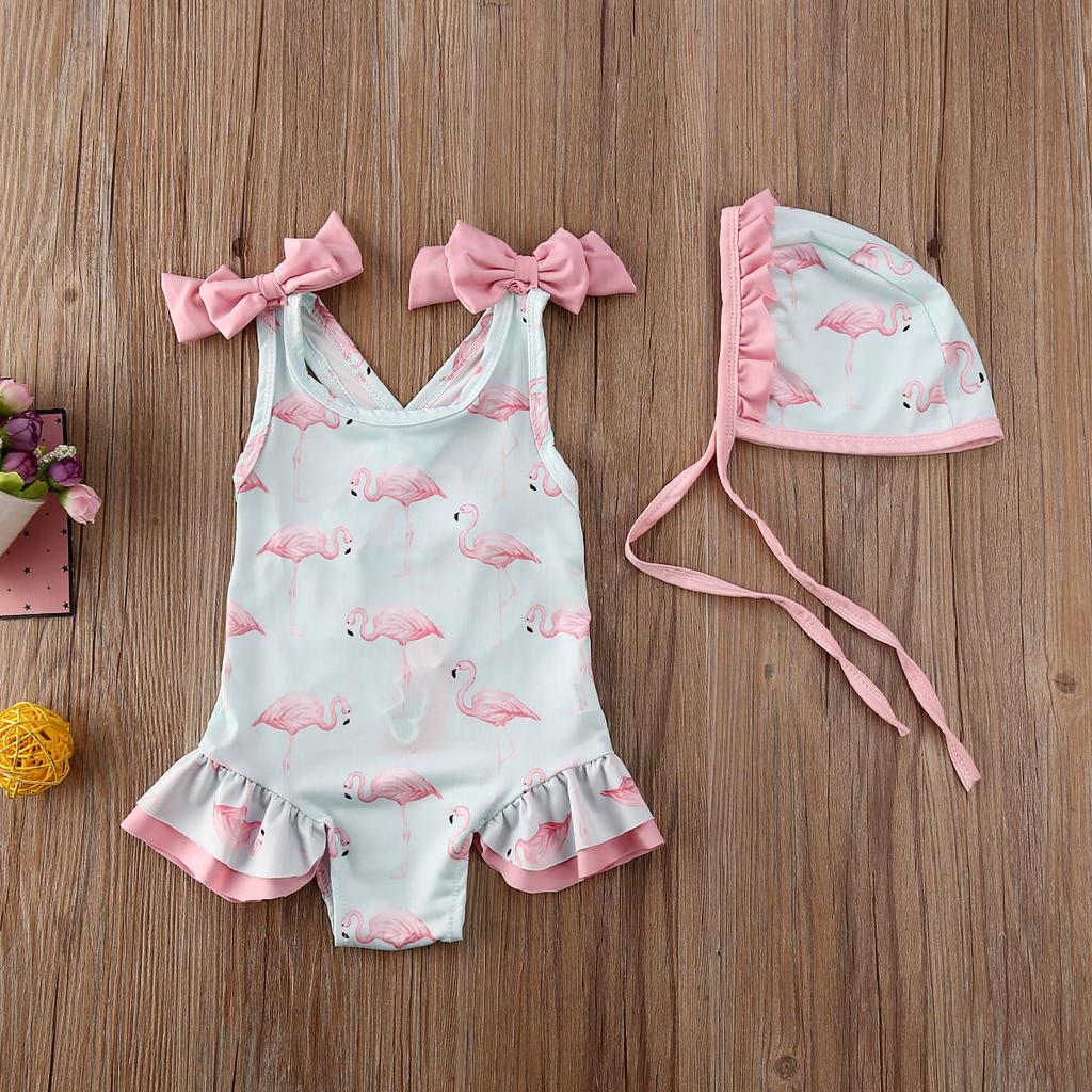 Sommer-Badebekleidung für Babys, Mädchen, ärmellos, mit Schleife, niedlicher Tierdruck, rückenfrei, einteiliger Badeanzug + Rüschenmütze, Kinder, 2-teilig, Strandmode
