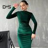 Lady Evening Dress Slim Fit Pleated Bateau Neck Long Sleeve Pure Color Midi Dress Sheath Calf Length Prom Cocktail Party Dress