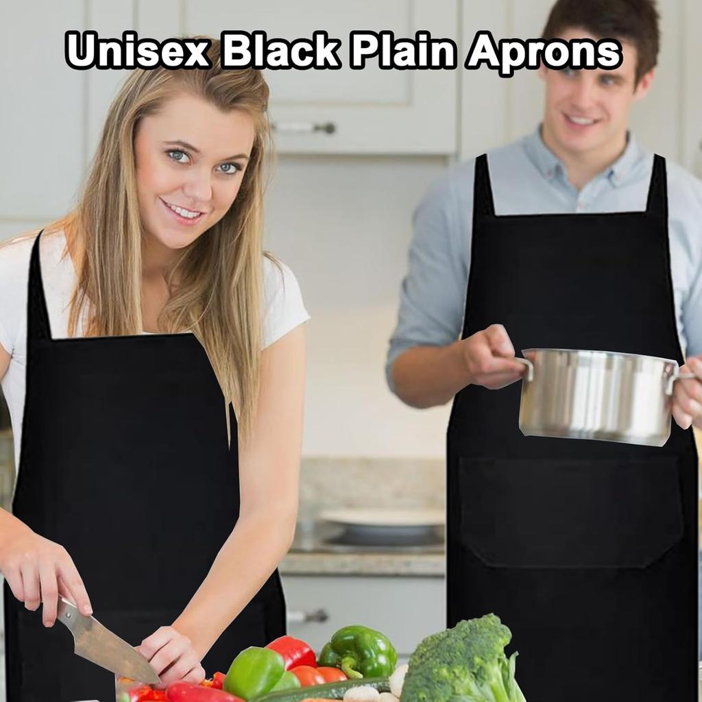 12 Pack Bib Apron,Black Aprons with 2 Pockets,Unisex Black Plain Aprons with Long Ties,Kitchen Cooking Aprons for Women Men Chef,Painting BBQ