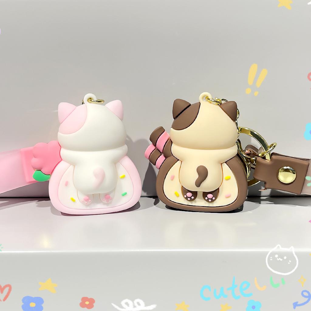 Cute Cat Cake Roll Key Chain Kawaii Kitty Keyring Cat Doll Keyring Schoolbag Pendant Accessories