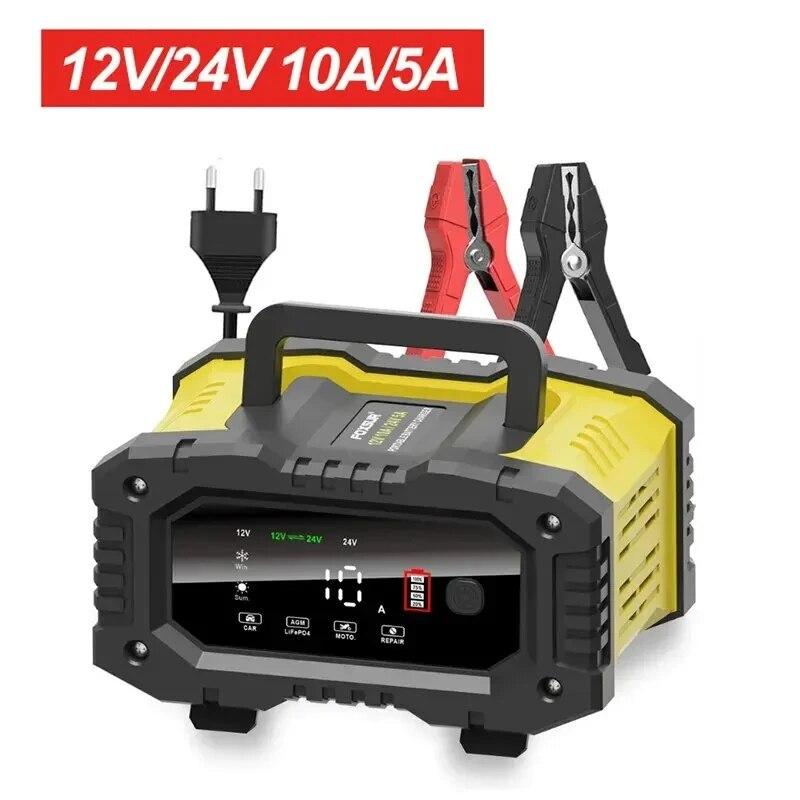 FOXSUR 20A/10A Car Motorcycle Battery Charger 12V/24V Smart Charger Lithium AGM GEL Lead-Acid LiFePO4 Battery Chargers 10A Yellow