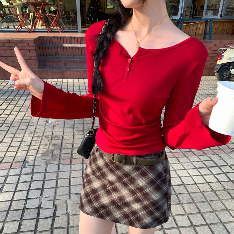 

Korean Style Long Sleeve Button-Up Top for Women - Autumn/Winter Slim Fit Extra Large красный