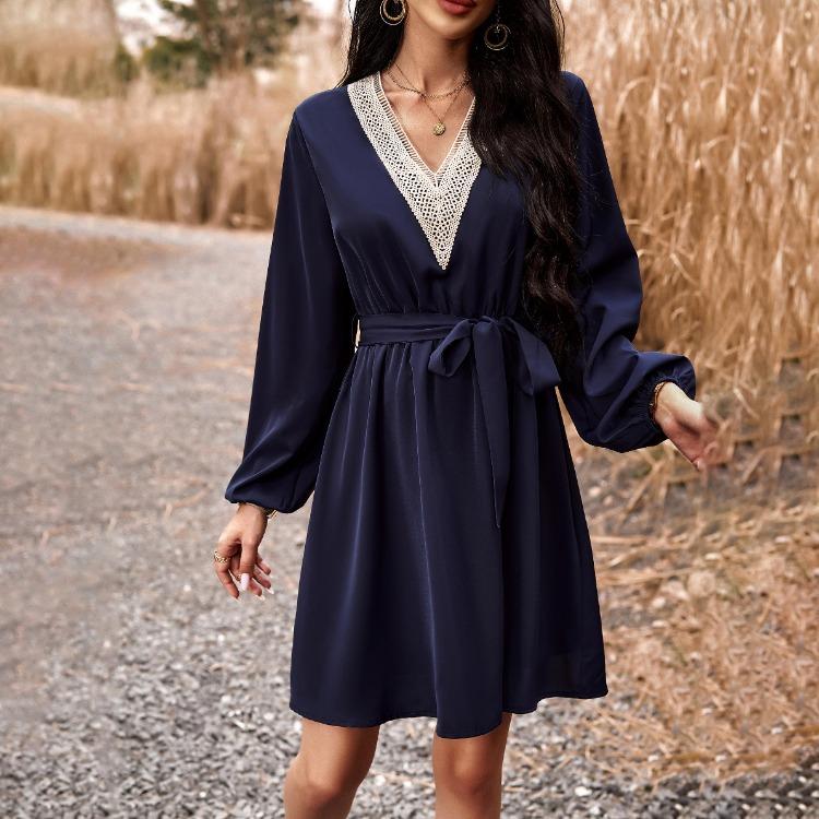 Elegant Women High Waist V Neck Lace Dress Long Sleeve Solid Fashion Mid Length Spring Autumn Dress