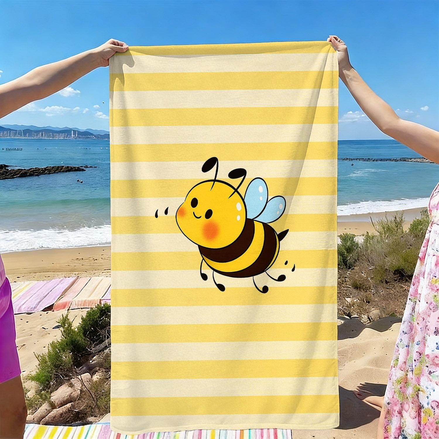 

Cute Bee Beach Towel, Kawaii Honey Bee on Yellow Stripe Oversized Bath Towel, Soft Quick Dry Summer Blanket 1pcs W30*H60(CM)