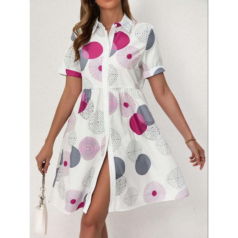 

Plus Size Women s Cross-Border Fashion Style Fashion Commuter Ol Geometric Pattern Lapel Single Breasted Short Sleeve Shirt Dress Rose Red XL