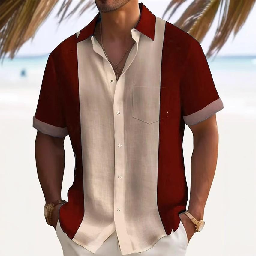 Herrenhemden Kurzarm Patchworkhemd Sommer Casual Umlegekragen Hemden Strandurlaubsstil Hemden