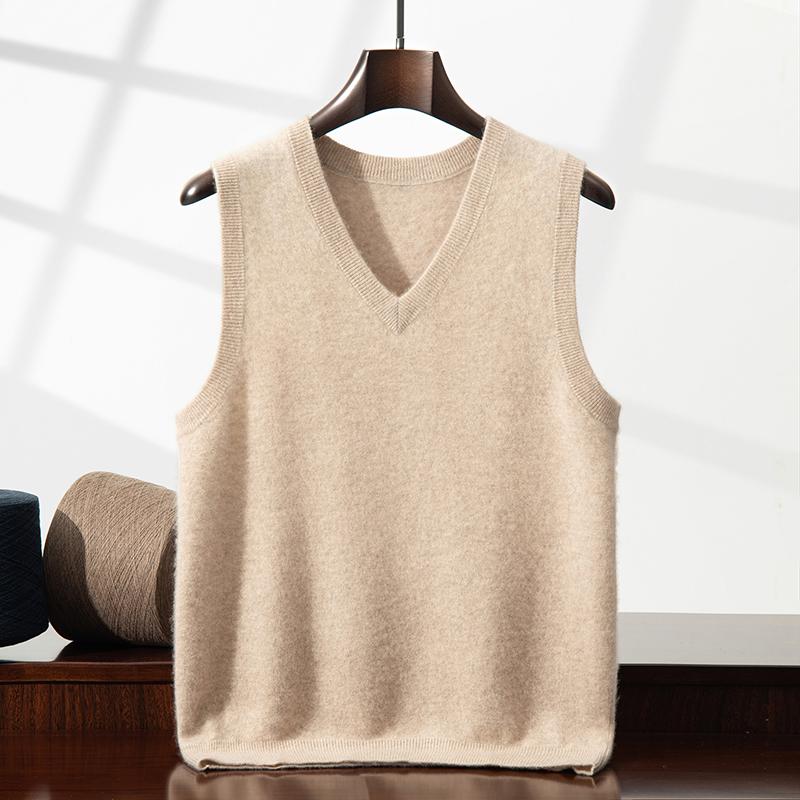 100% kasjmier heren mouwloos business casual effen kleur gebreide trui vest los Trek V-hals Tops T-shirts basic Jumper