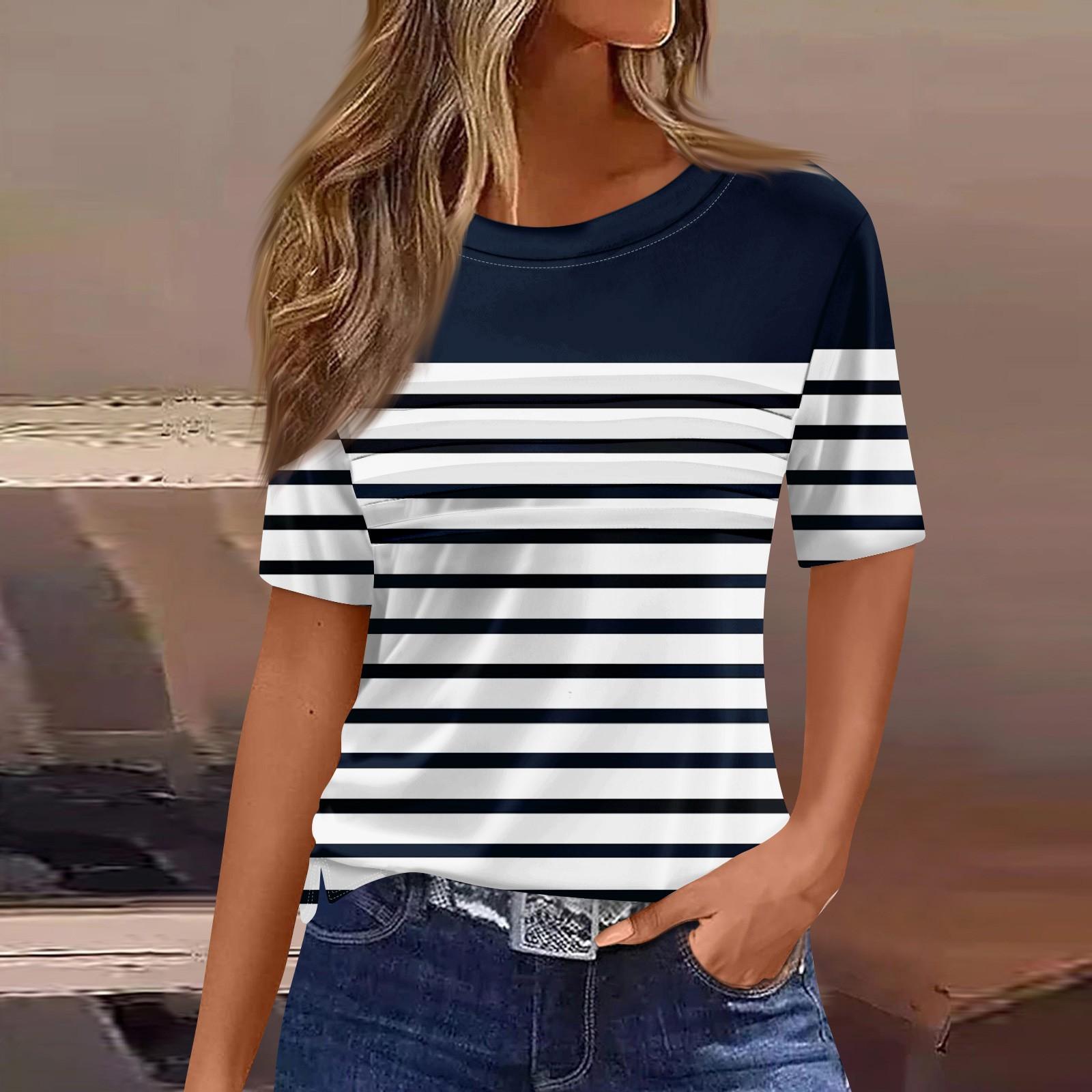 

Футболки для женщин, плиссированные, с круглым вырезом, нарядные, повседневные, блузки с принтом, с коротким рукавом, летние топы, свободный крой L чёрный