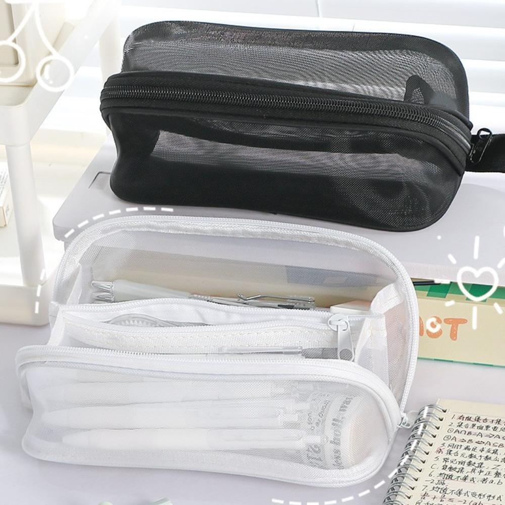 Cosmetics Storage Mesh Pencil Case Solid Color Stationery Storage Bag Creative Makeup Bag Gifts