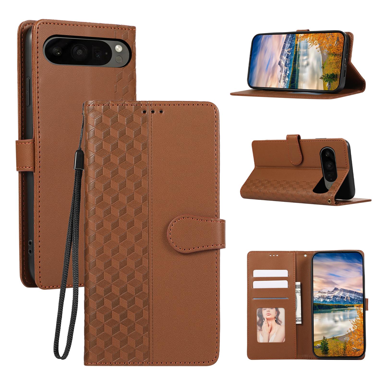 

Кожаный чехол для Google Pixel 10 Pro/10/9 Pro/9 с тиснением в виде 3D ромбовидной сетки, чехол-кошелек для телефона со шнурком Brown