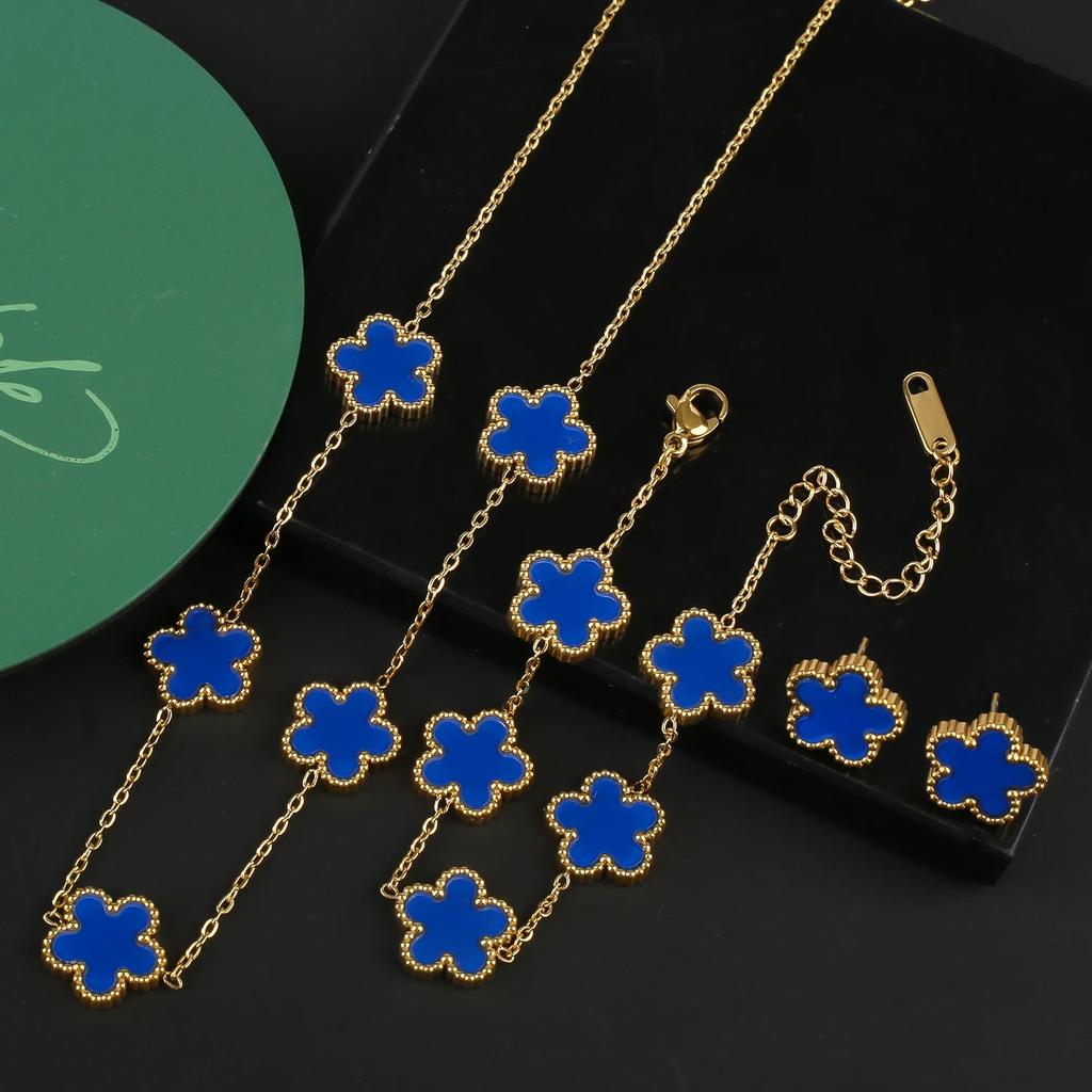 3Pcs Stainless Steel 18k Gold-Plated Five-Leaf Flower Necklace Earrings Bracelet Jewelry Set For Woman Jewelry Clover