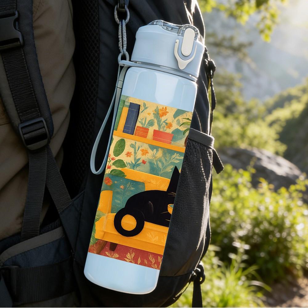 1PC Black Cat Color Block Frame 750ml Color Plastic Sports Water Bottle Leakproof Flip Straw Lid For Sports Office Home Use