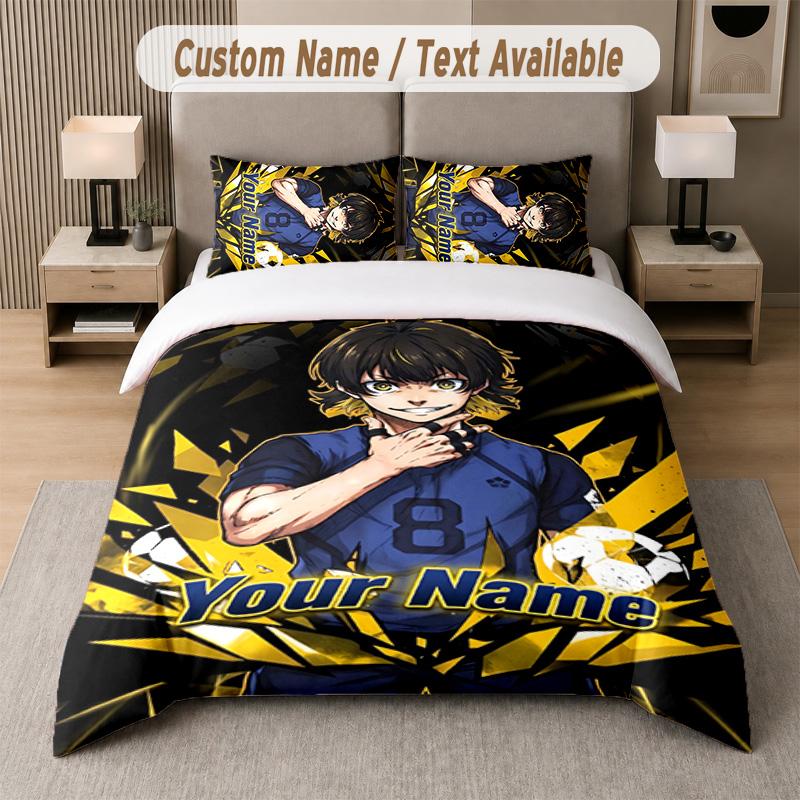 Blue Lock 3Pcs Bedding Set, Personalized Custom Name Text, 1 Duvet Cover & 2 Pillowcases For Bedroom