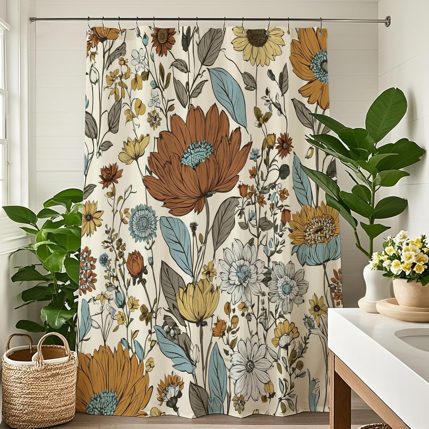 

Boho Floral Shower Curtain 72X72 Inch Vintage Bohemian Flower Botanical Leaves Shower Curtain Set For Bathroom Retro Rustic Wate W60H190(CM)-1 Pcs