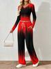 Spring and Autumn digital print women's V-neck long sleeve pants set, comfortable, casual, versatile, slim fit two-piece set
