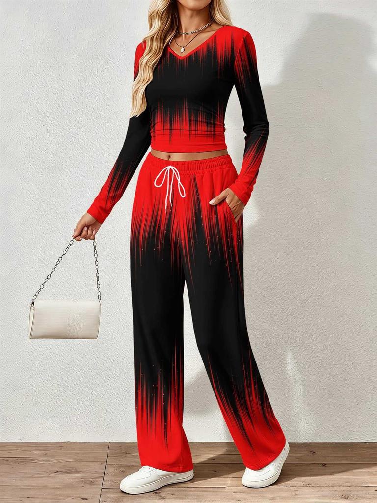 Spring and Autumn digital print women's V-neck long sleeve pants set, comfortable, casual, versatile, slim fit two-piece set