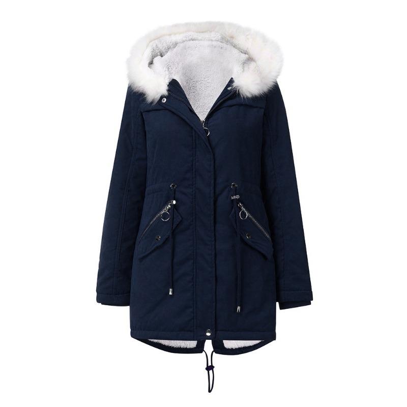 European Size Women's Cotton-padded Coat White Fur Collar Parka Medium and Long Hooded Winter Warm Fleece Coat Women's Cotton-padded Coat