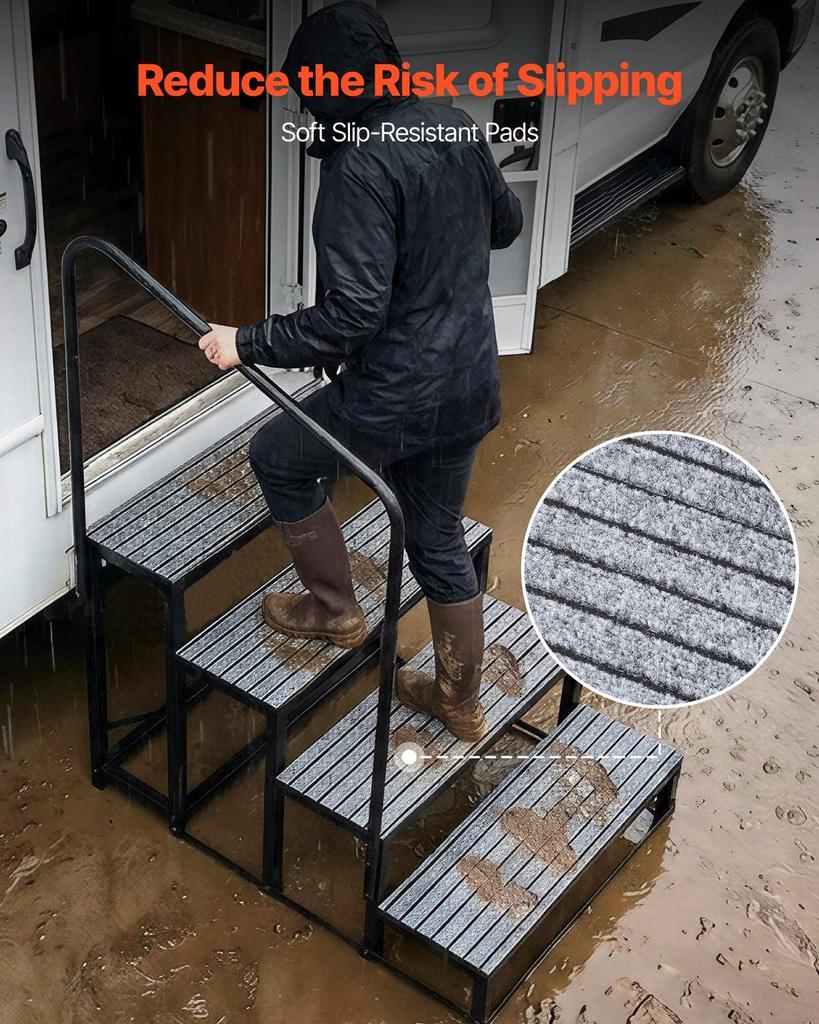 Marches pour camping-car avec main courante, 4 marches, capacité de charge de 300 kg, Marches robustes d'extérieur pour camping-car avec tapis antidérapant pour personnes âgées et animaux de compagnie, Marches portables pour chaud