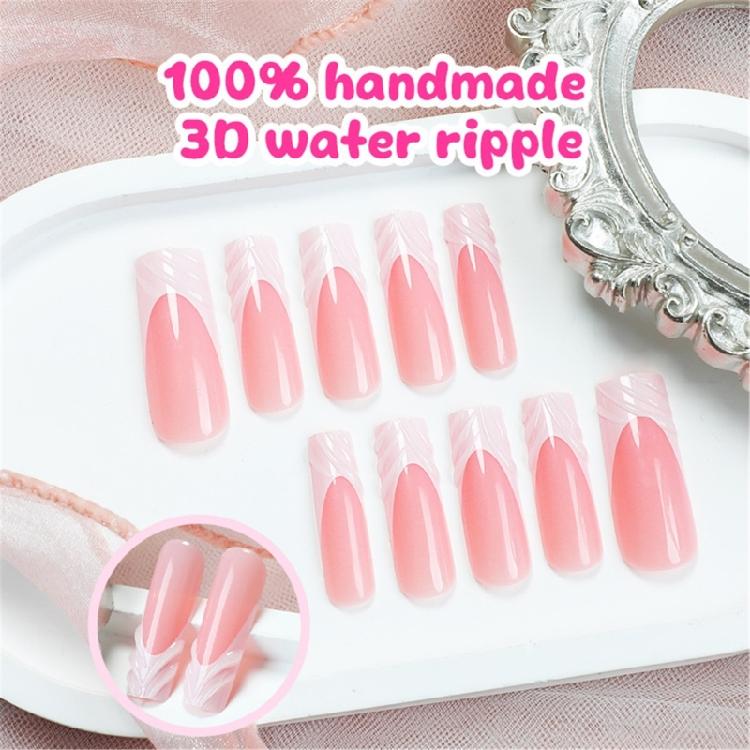 24 Pieces Square Shaped Nail Tips with French Tip 3D Stripes Designs Glossy Stick On Nail for Various Occasion
