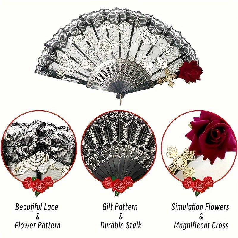 Elegant Black Lace Folding Fan with Rose Details, Fashion Accessories for Weddings, Parties and Balls - Ideal Gift for Women