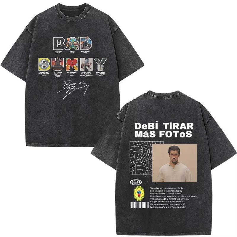 Rapper Bad Bunny Album Cover Washed Vintage T-shirt Debi Tirar Mas Fotos DTMF T Shirts Men Fashion Hip Hop Short Sleeve T-shirts