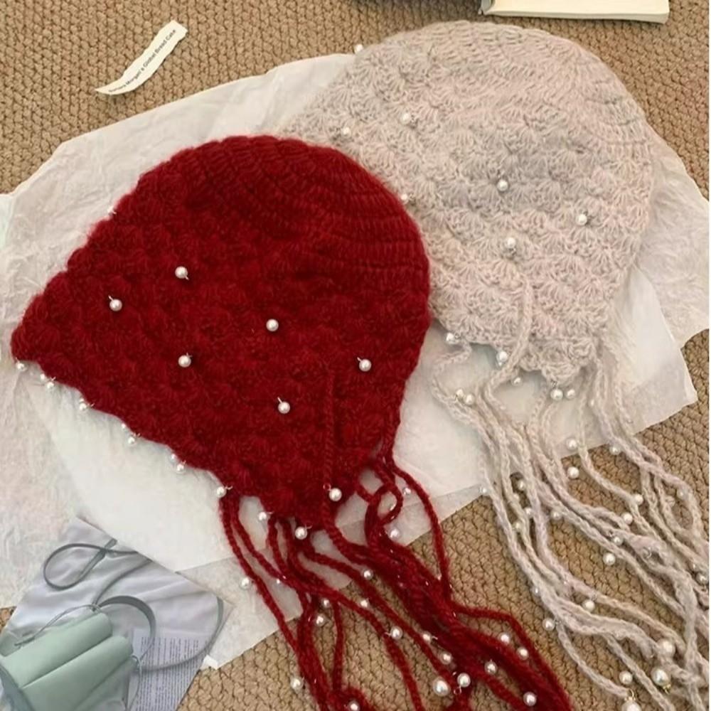 Pearl Tassel Fringed Beanie Cap Stretchable Pendant Headband Hat Knitted Pullover Hat  for Women
