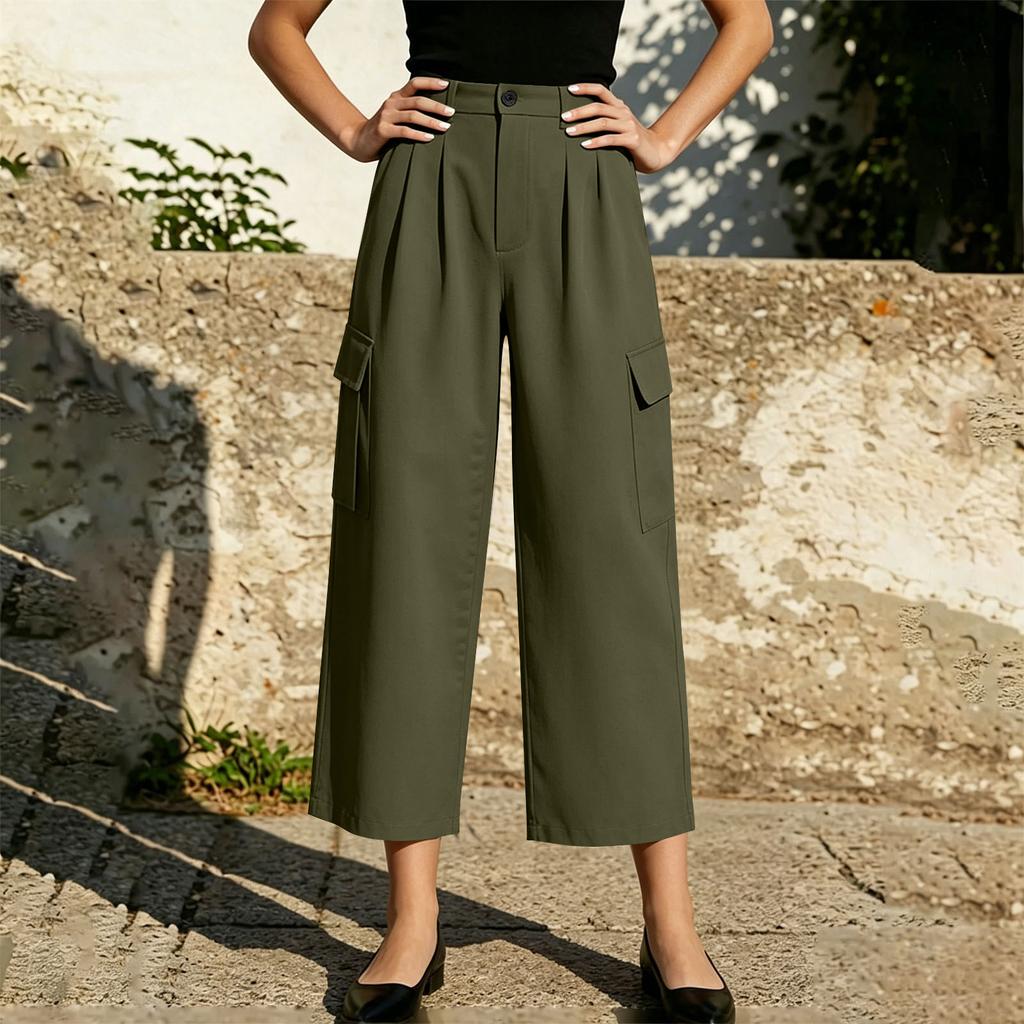 Women's Color Casual Trousers with Cotton Pockets and Button Front Dress Pants