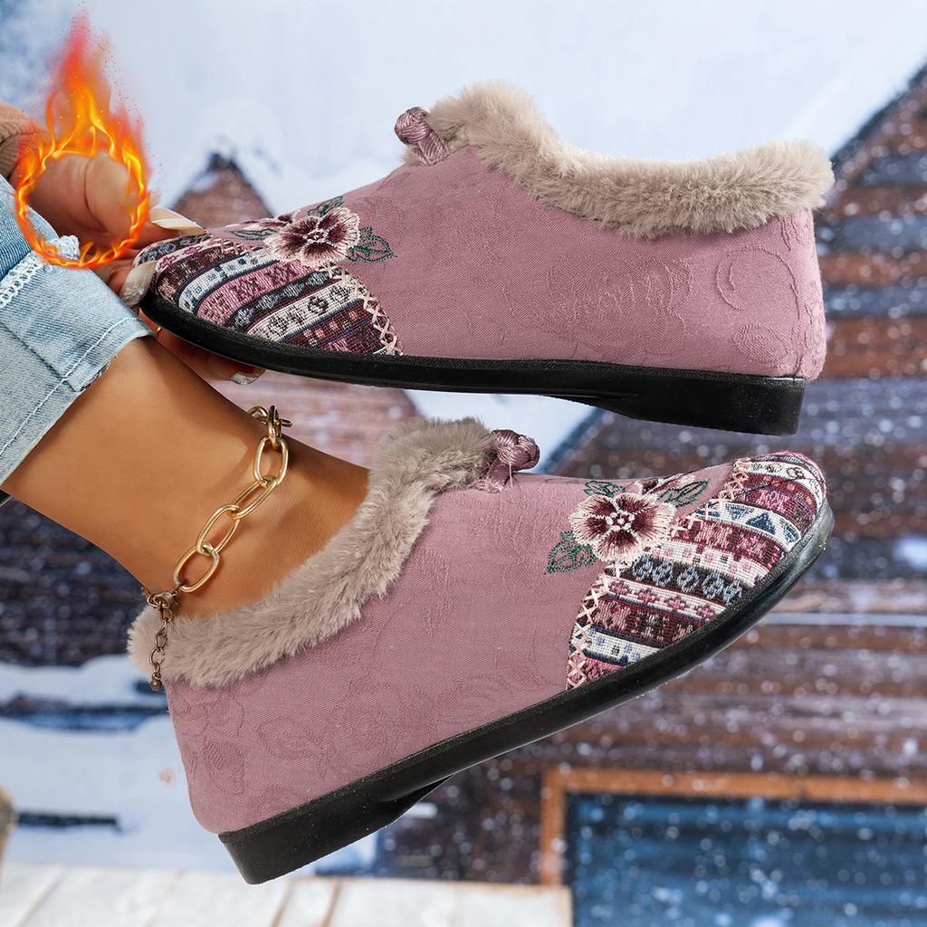 Women's Fleece-Lined Thickened Flat-Soled Embroidered Shoes for Middle-Aged and Elderly Women Chinese Ethnic Style Slip-On Mom Shoes