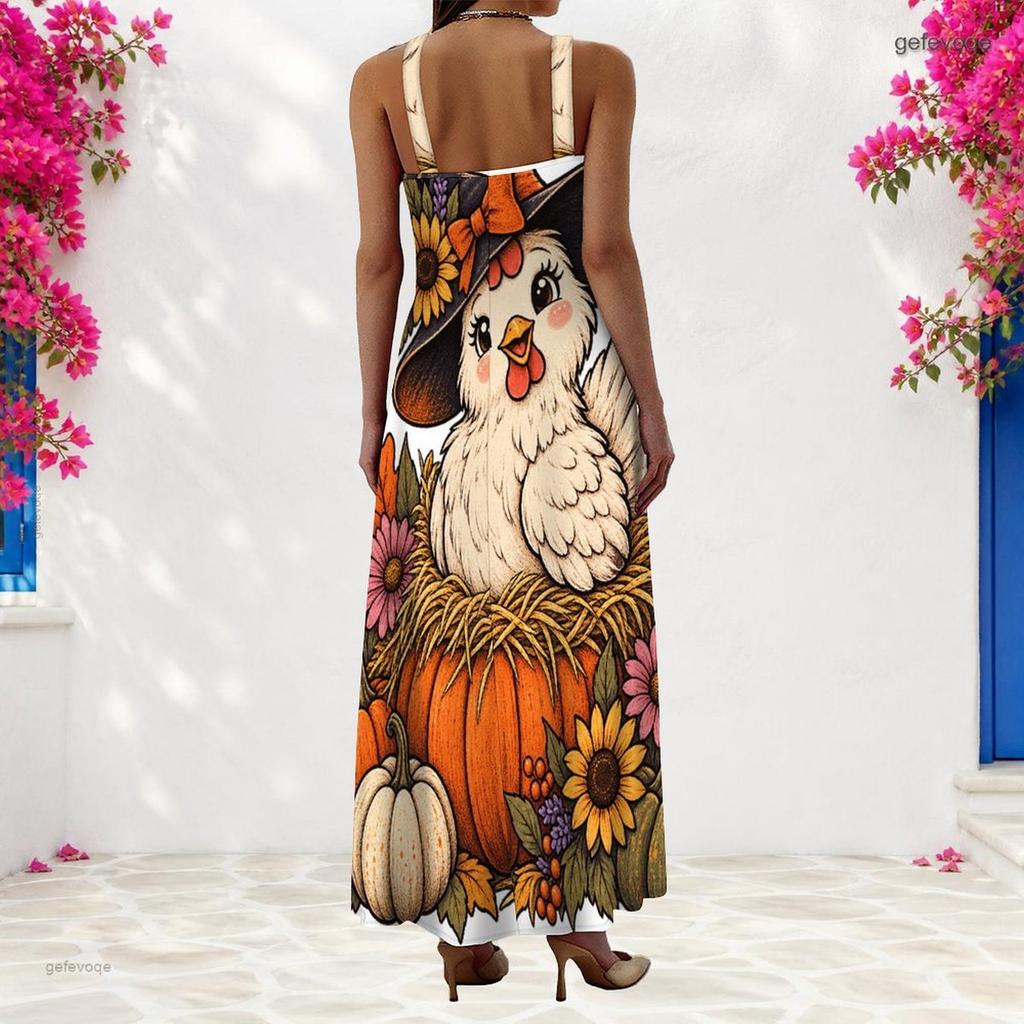 Women Plus Size Scoop Neck Strappy Sleeveless Halloween Ghost Pumpkin Printed White A Line Long Dress