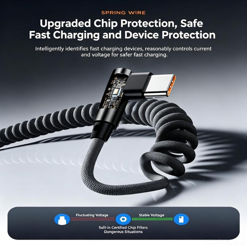 90 Degree Spring Type C Fast Charging Cable 120W 6A Extension Spring Data Cord For Phones Tablets