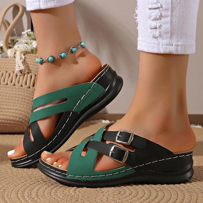 Fashion Mixed Color Cross Strap Wedge Sandals for Women Summer 2025 Comfort Non Slip Beach Shoes Woman Double Buckle Platform Slippers