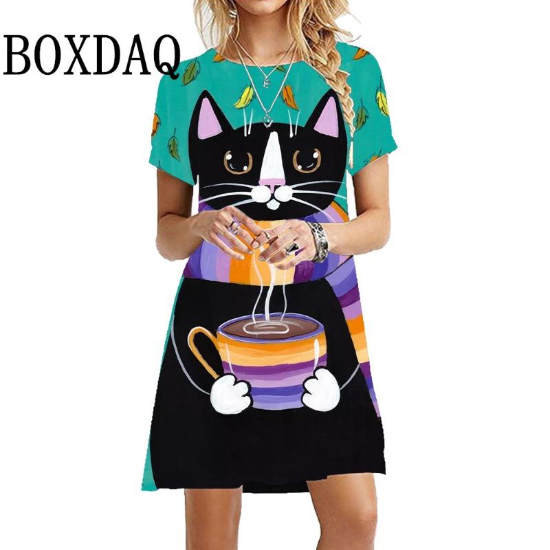 Oversized Short Sleeve Dress Summer O-Neck Women'S Dress Loose Kawaii Painting Cat Print Dress Harajuku Streetwear Hip Hop Dress