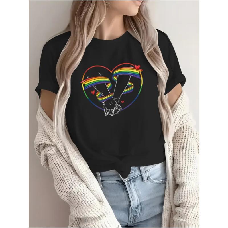 Rainbow love hand-in-hand pattern T-shirt loose short sleeve light tide friendly wind ladies casual shirt