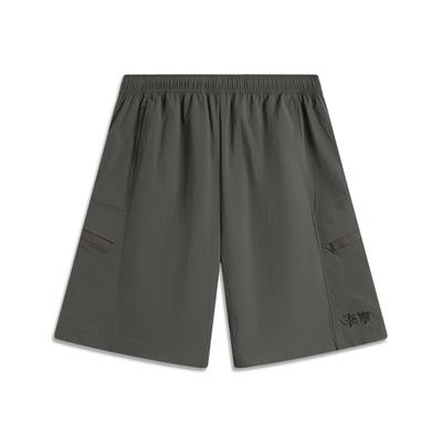 Li Ning Sports Lifestyle Series Solid Color Mid Waist Breathable Versatile Straight Leg Cargo Shorts Men Shorts Graphite-Grey AKSV409-2