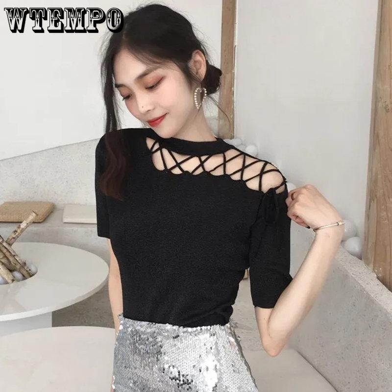 WTEMPO Koreanisch Chic Ausgeschnitten Schräge Schulter Kurzarm T-Shirts Damen Sommer Einfarbig Slim Fit Stricktops