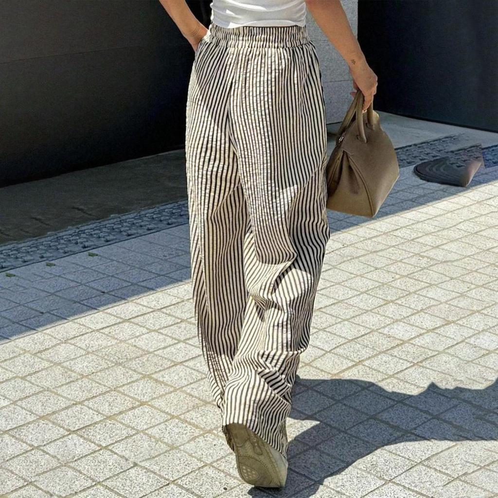 Women's Striped Casual Straight-Leg High-Waisted Loose Trousers