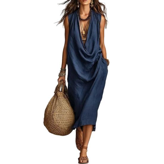 Women s Draped Deep Summer Sleeveless Dress Casual V Neck Dress Loose Flowy Travel S темно-синий