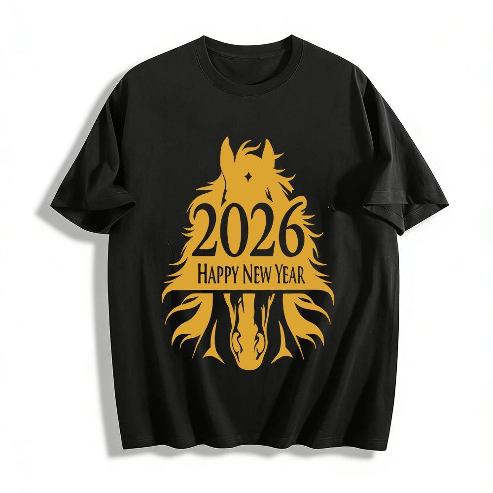 

2026 Year of the Horse Happy New Year Graphic Casual Long Sleeve Top Pure cotton T-shirt XXS