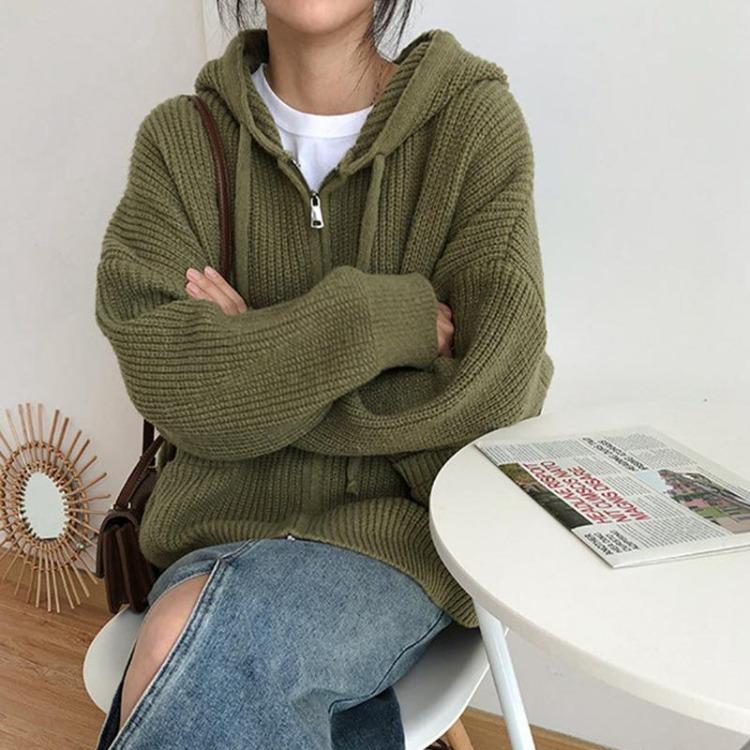 Loose Knitted Hooded Sweater Cardigan Coat Solid Color Womens Top