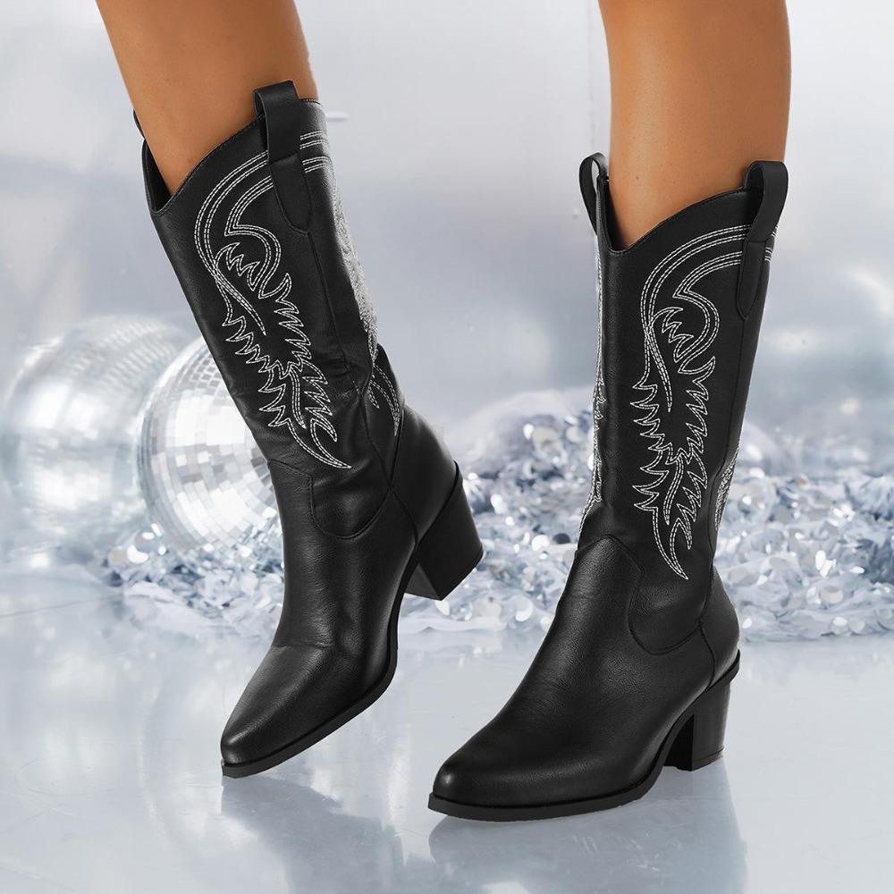 Retro Black Cowboy Boots for Women  New Upgraded High Quality Square Heels Zipper Knee High White Concert Western Boot Shoes