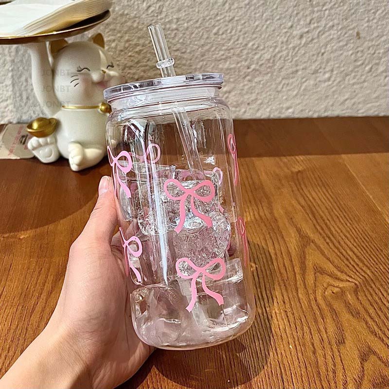 500ml/16.9oz Cute Bow Plastic Cup Tumbler Mason Jar Shaped Water Bottle With Lids Straw For Iced Coffee Juice Drinking Cup Gift