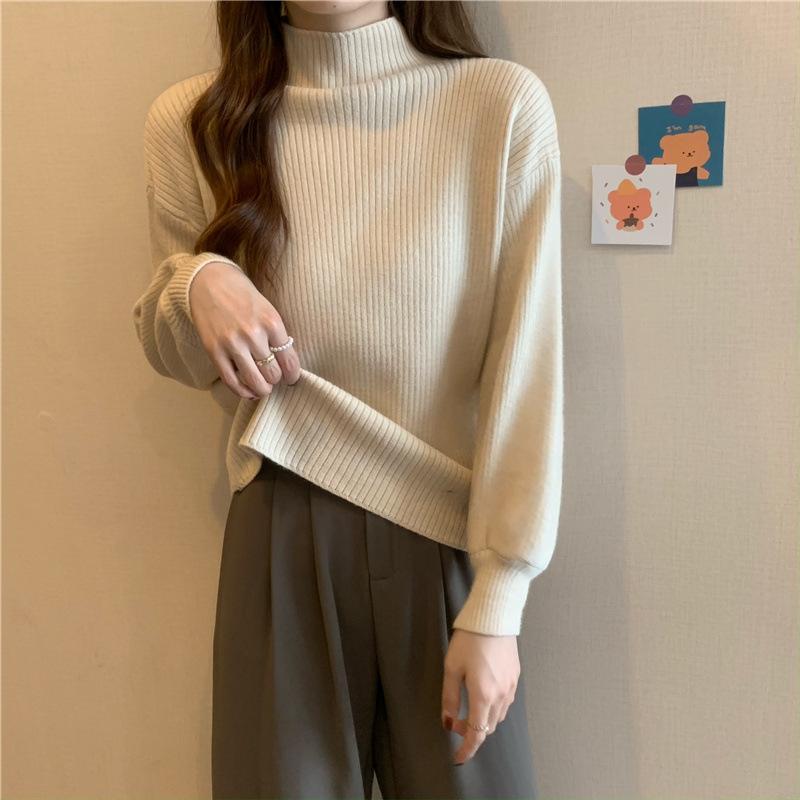 Half Turtleneck Sweater for Women Loose Solid-color Knitted Sweater for Autumn and Winter Casual Long-sleeved Pullover