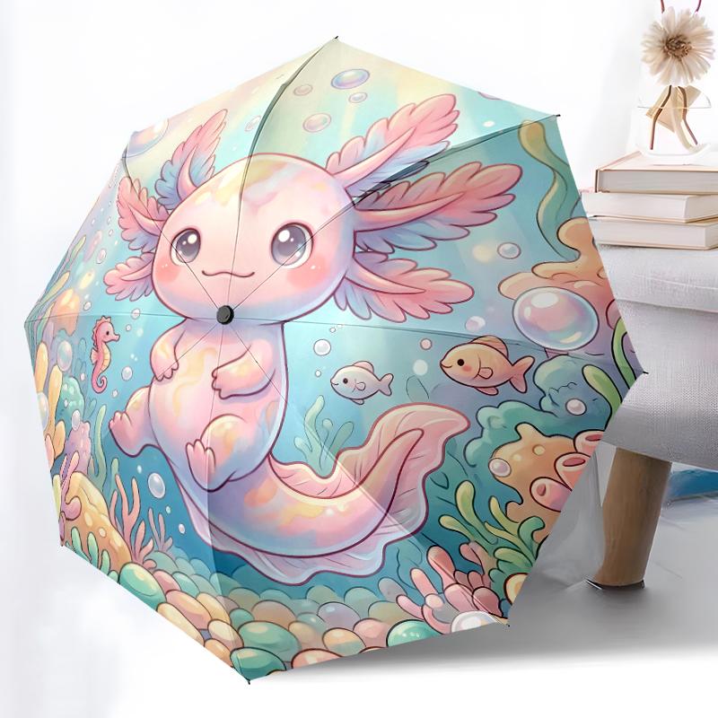 1pz Robusto Ombrello Automatico a 8 Stecche, Delicato Ombrello Axolotl con Luce Calda, Stampato Digitalmente, Ombrello Pieghevole per Uso Esterno in Movimento