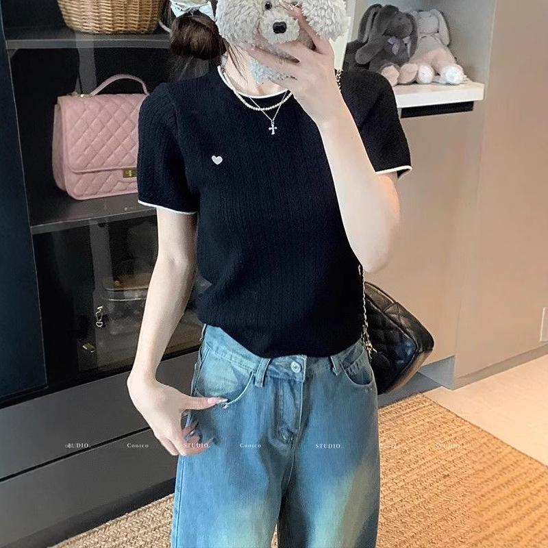 Chic Summer Heart Design Ice Silk Knitted T-shirt - Women's Short Sleeve Color Block Top