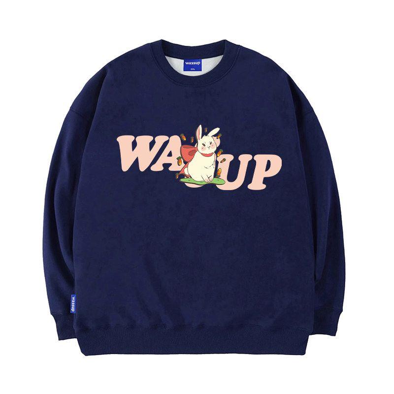 

Wassup Heods Letter Trendy Brand Crewneck Sweatshirt for Men and Women, Autumn and Winter Loose Casual Heavyweight Crewneck Top Navy Blue Buckle Rabbit (Premium Essential) 3XL